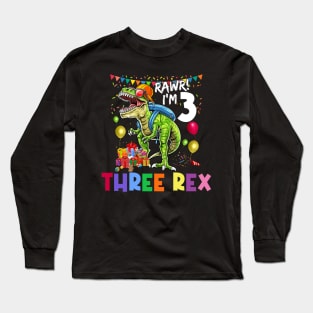 Three Rex Birthday Party Outfit Dinosaur 3 Year Old Boy Long Sleeve T-Shirt